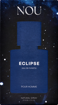 Męska woda toaletowa NOU Eclipse. Granatowe opakowanie z gwiezdnym tłem i napisem ECLIPSE, widok z przodu.