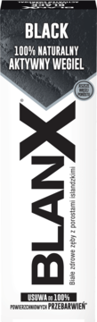 BlanX Black, pasta do zębów z naturalnym węglem aktywnym, pionowe, czarno-białe opakowanie, widok z przodu.