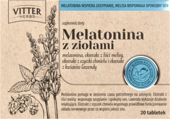 Frontalne ujęcie beżowego pudełka Vitter Herbs Melatonina z ziołami, suplementu diety wspierającego sen, z ilustracjami roślin.
