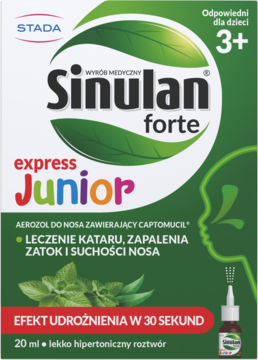 Sinulan Junior Forte aerozol do nosa 20ml. Zielone opakowanie z Captomucil, dla dzieci 3+, udrażnia. Widok z przodu.