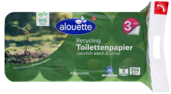 Zielone opakowanie papieru toaletowego Alouette Recycling 3-warstwowy, 8 rolek po 200 listków, widok z przodu.