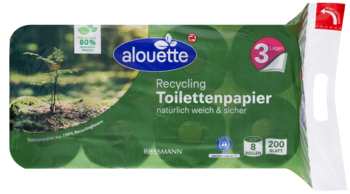 Zielone opakowanie papieru toaletowego Alouette Recycling 3-warstwowy, 8 rolek po 200 listków, widok z przodu.