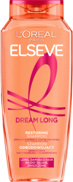 L'Oréal Elseve Dream Long Szampon Odbudowujący w pomarańczowej butelce z różową grafiką, widok z przodu.