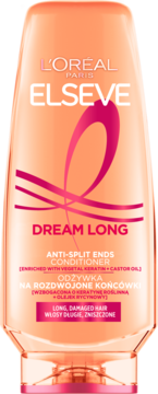 L'Oréal Elseve Dream Long Anti-Split Ends Conditioner. Pomarańczowa butelka z różowym logo, widok z przodu.