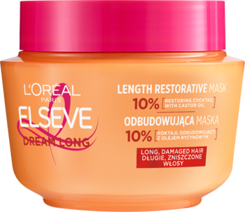 L'Oréal Elseve Dream Long maska odbudowująca do długich włosów, pomarańczowy słoik z różową zakrętką, widok z przodu.
