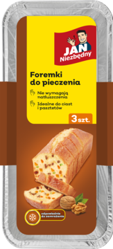 Opakowanie Jan Niezbędny, 3 szt. aluminiowych foremek do pieczenia ciast i pasztetów, nie wymagających natłuszczenia.