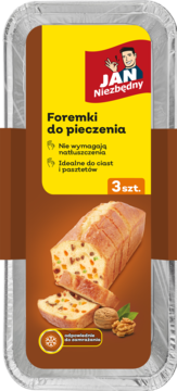 Opakowanie Jan Niezbędny, 3 szt. aluminiowych foremek do pieczenia ciast i pasztetów, nie wymagających natłuszczenia.
