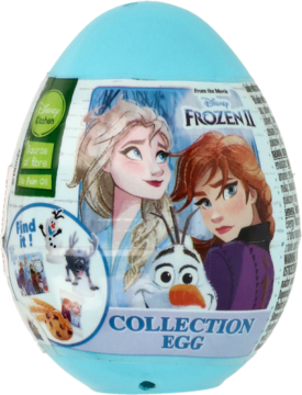 Błękitne jajko-niespodzianka Disney Frozen II z Elsą, Anną i Olafem, z przodu opakowania kolekcja figurek.