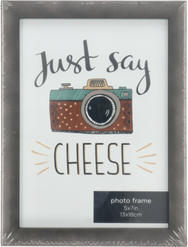 Szara ramka na zdjęcia 13x18 cm z grafiką aparatu i napisem "just say CHEESE", widok z przodu.
