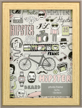 Ramka na zdjęcia 13x18 cm, jasne drewno, wkład z motywem hipster: broda, rower, okulary, widok przód.