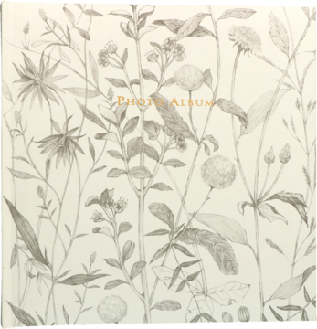 Incood album na zdjęcia z kremową okładką, botaniczny wzór szarych roślin, napis 'PHOTO ALBUM' złoty.