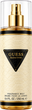 Guess Seductive mgiełka perfumowana do ciała w kremowej butelce z wężowym wzorem, złotymi detalami, widok z przodu.