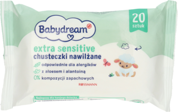 Opakowanie chusteczek nawilżanych Babydream Extra Sensitive, 20 sztuk, biało-zielone, z owieczką, widok z przodu.