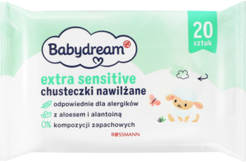 Babydream extra sensitive chusteczki nawilżane dla alergików, 20 sztuk, białe opakowanie z zielonym, widok z przodu.