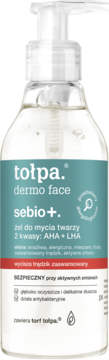 Tołpa dermo face sebio+ Ŵel do mycia twarzy z kwasami AHA+LHA, w przezroczystej butelce z pompką.