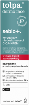 Tołpa Dermo Face Sebio+ CICA-Krem korygujący na noc, zielony kartonik z białymi napisami i czerwonym paskiem.