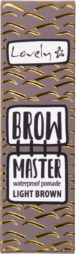 Lovely Brow Master wodoodporna pomada, jasnobrązowa, w szarym pudełku ze złotym wzorem brwi, widok z przodu.