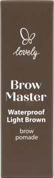 Brązowe opakowanie pomady Lovely Brow Master z białym napisem Waterproof Light Brown, widok z przodu.