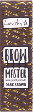 Brązowe opakowanie wodoodpornej pomady do brwi Lovely Brow Master Dark Brown ze złotymi, przypominającymi brwi wzorami.