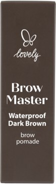 Ciemnobrązowa pomada do brwi Lovely Brow Master Waterproof. Prostopadłościenne opakowanie z białymi napisami.