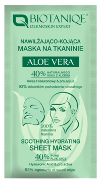 Biotaniqe Soothing Hydrating Sheet Mask Aloe Vera w zielonej saszetce, 40% soku z aloesu, widok z przodu.