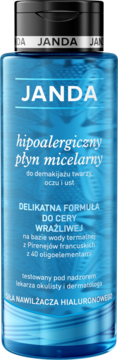 JANDA hipoalergiczny płyn micelarny do demakijażu cery wrażliwej, w błękitnej butelce, widok z przodu.