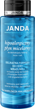 JANDA hipoalergiczny płyn micelarny do demakijażu cery wrażliwej, w błękitnej butelce, widok z przodu.