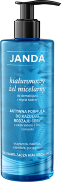 JANDA hialuronowy żel micelarny w transparentnej błękitnej butelce z pompką, widok z przodu.