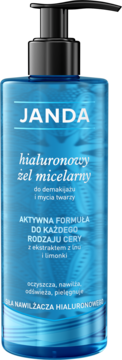 JANDA hialuronowy żel micelarny w transparentnej błękitnej butelce z pompką, widok z przodu.