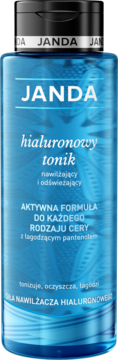 Janda hialuronowy tonik, niebieska butelka z czarną nakrętką, widok z przodu, nawilżający i odświeżający.