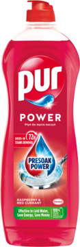 Pur Power płyn do naczyń Raspberry & Red Currant, 750 ml, czerwona butelka Presoak Power, widok z przodu.