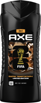Czarny żel pod prysznic AXE Dark Temptation 3w1 z logo FIFA, edycja limitowana. Zapach czekolady i bursztynu.