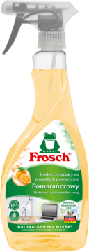 Frosch Pomarańczowy uniwersalny środek czyszczący, żółta butelka ze spryskiwaczem, widok z przodu.
