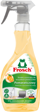 Frosch Pomarańczowy uniwersalny środek czyszczący, żółta butelka ze spryskiwaczem, widok z przodu.
