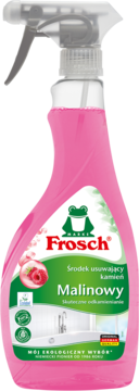 Frosch Malinowy odkamieniacz w różowej butelce spray, widok z przodu. Ekologiczny środek do łazienek.