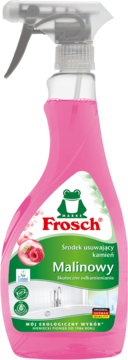 Frosch Malinowy odkamieniacz w różowej butelce spray, widok z przodu. Ekologiczny środek do łazienek.