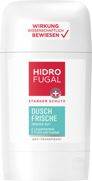 Biały antyperspirant w sztyfcie Hidrofugal Dusch-Frische, z czerwonym logo i turkusową etykietą, widok z przodu.