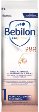 Bebilon Profutura DUO BIOTIK 1 mleko początkowe od urodzenia w białej saszetce, niebieskie logo, cyfra 1. Widok z przodu.