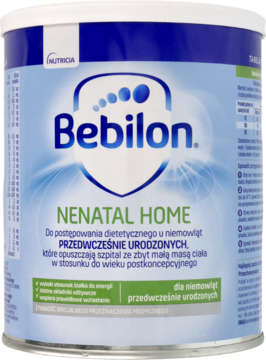 Bebilon Nenatal Home dla wcześniaków, biało-niebieska puszka żywności specjalnego przeznaczenia medycznego.