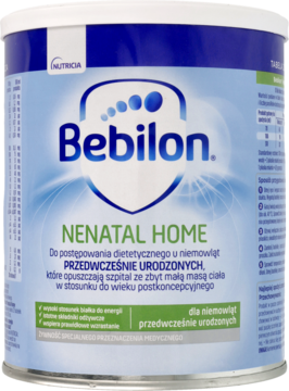 Bebilon Nenatal Home dla wcześniaków, biało-niebieska puszka żywności specjalnego przeznaczenia medycznego.