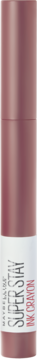 Maybelline Super Stay Ink Crayon, błyszcząca pomadka w odcieniu różanym, z białą etykietą. Stojąca pionowo.