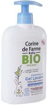 Biała butelka Corine de Farme Baby BIO Micelarny Żel Myjący, z niebieską pompką, króliczkiem, widok z przodu.