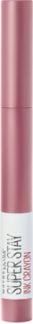 Różowy Maybelline Super Stay Ink Crayon, pionowy widok, błyszcząca obudowa, białe napisy.
