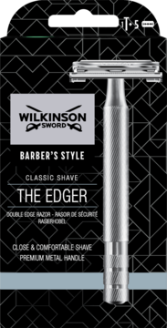 Srebrna maszynka do golenia Wilkinson Sword The Edger z metalową rączką, widok z przodu w czarnym opakowaniu.