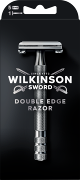 Srebrna maszynka Wilkinson Sword Double Edge Razor, widok z przodu, z teksturą na rączce, plus 5 żyletek.