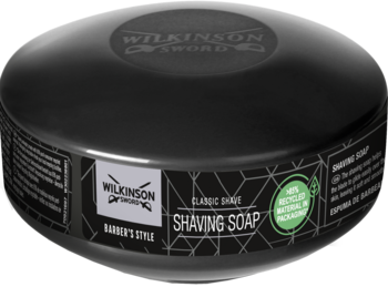Wilkinson Sword Barber's Style, czarne, okrągłe mydło do golenia w pojemniku, widok z przodu pod kątem.