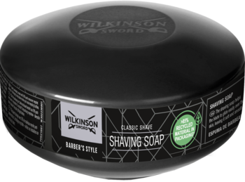 Wilkinson Sword Barber's Style, czarne, okrągłe mydło do golenia w pojemniku, widok z przodu pod kątem.