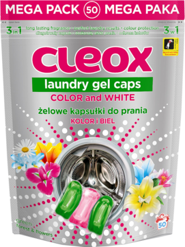 Srebrna torba Cleox z 50 kapsułkami do prania Color & White, z pralką i kolorowymi kwiatami, widok z przodu.