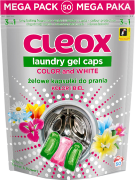 Srebrna torba Cleox z 50 kapsułkami do prania Color & White, z pralką i kolorowymi kwiatami, widok z przodu.