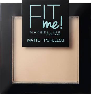 Maybelline Fit Me! Matte + Poreless puder, jasnobeżowy, w czarnej kwadratowej puderniczce, widok z góry.